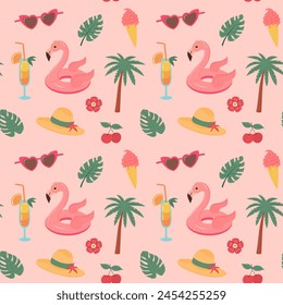 Tropical summer beach seamless pattern. Summertime, vacation, travel concept. Pink glamour print.