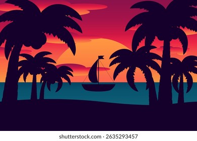 Tropical summer beach sunset vector illustration with sailboat and palm trees silhouette on ocean horizon in vibrant orange and purple tones. For summertime, vacations, and outdoor concept design.