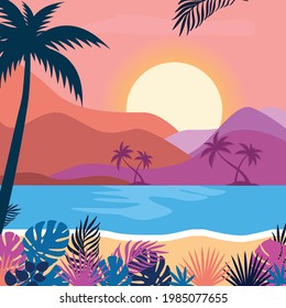 Tropical summer beach vector illustration with view of sunset 
