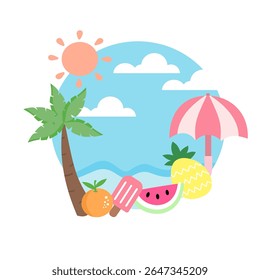 Tropical Summer Beach Vector Illustration with Fruits, Palm Tree, and Sun