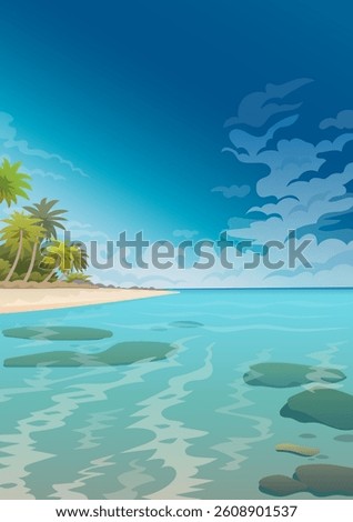 Tropical Summer Beach Vector Illustration in Vertical Format. Perfect for vacation-themed websites, banners, and travel promotions.