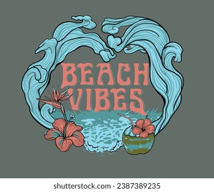 tropical summer beach vibes artwork, ocean wave frame, retro vintage summer vector design for t shirt, sticker, poster, graphic print, coconut and hibiscus vector