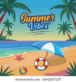 "Tropical Summer Beach Vibes Illustration. Umbrella, Lifebuoy and Palm Trees Vector Background."
