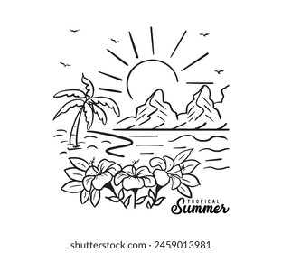 Tropical Summer beach wave with palm trees, mountains and sunset for t shirt print. Stylized vector of a tranquil seaside landscape for summer travel and vacation. graphic tee for surf up summer time.