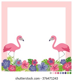 Tropical Summer Border Vector With Flamingo, Hibiscus And Leaf.