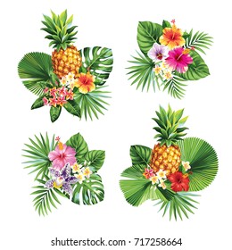 Tropical summer bouquet with palm leaves, exotic flowers and fruits. Vector illustration.