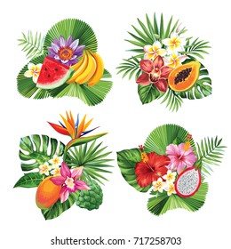 Tropical summer bouquet with palm leaves, exotic flowers and fruits. Vector illustration.