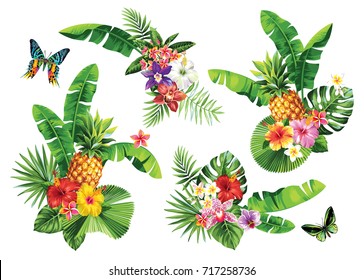 Tropical summer bouquet with palm leaves, exotic flowers, fruits and butterflies. Vector illustration.