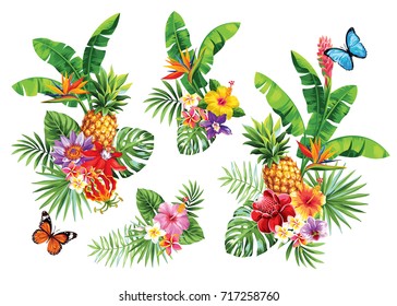 Tropical summer bouquet with palm leaves, exotic flowers, fruits and butterflies. Vector illustration.