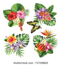 Tropical summer bouquet with palm leaves, exotic flowers and butterflies. Vector illustration.