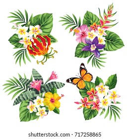 Tropical summer bouquet with palm leaves, exotic flowers and butterflies. Vector illustration.