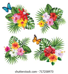 Tropical summer bouquet with palm leaves, exotic flowers and butterflies. Vector illustration.