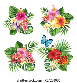 Tropical summer bouquet with palm leaves, exotic flowers and butterflies. Vector illustration.