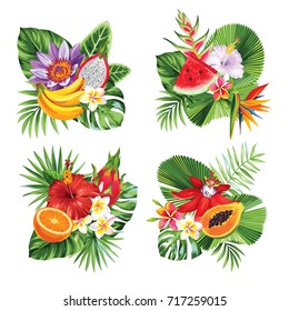 Tropical summer bouquet with palm leaves, exotic flowers and fruits. Vector illustration.