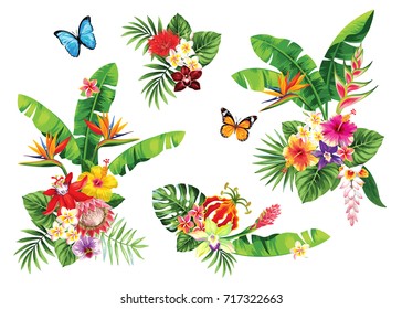 Tropical summer bouquets with palm trees, leaves, exotic flowers and butterflies. Vector illustration.