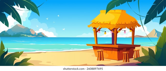 Tropical summer cafe at sea beach background banner for game design. Coastal wooden bar with with straw roof, chairs, tropical palm trees silhouettes in sunshine blue sky. Vector cartoon illustration