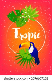 Tropical summer card with palm leaves, toucan, frame and text on red background. Flat design. Vector card.