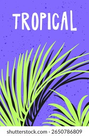 Tropical summer card with palm tree leaf in modern retro style. Bright funky exotic poster design for beach vacation. Sunny background with jungle paradise leaves. Trendy flat vector illustration