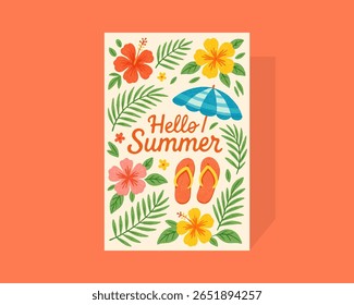 Cartão de verão tropical com citação "Hello Summer", cercado por flip-flops, folhas, flores e elementos guarda-chuva na paleta de cores quente e brincalhão. Ilustração vetorial.