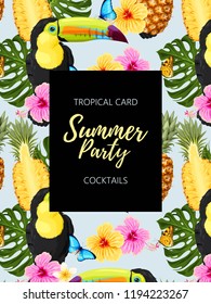 Tropical summer card with toucans and flowers