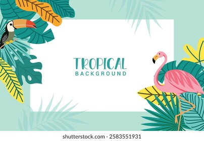 Tropical summer clipart background template. Summer greeting card with toucan, flamingo and colorful leaves decoration elements clip art vector illustration. 