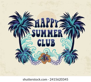 tropical summer club vector design, palm beach retro vintage artwork for t shirt, sticker, graphic print, summer tee 