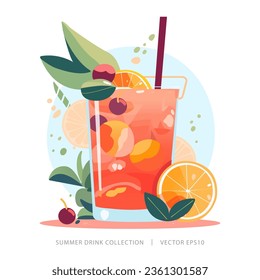 Tropical summer cocktail drink in the glass garnished with colorful citrus fruits and juice
