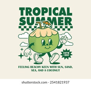 tropical summer with coconut cartoon character illustration in vintage style can be used as t shirt, sticker, poster, print design and other uses.