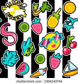 Tropical summer color seamless pattern. Resort accessories. Vacation stickers on striped background