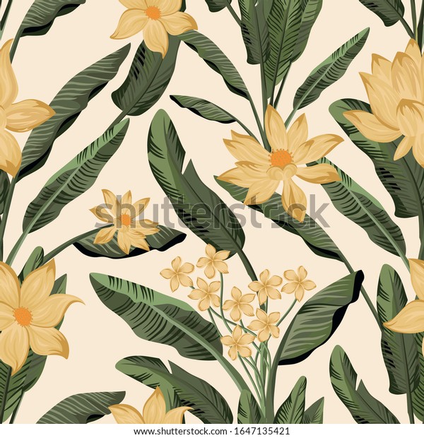 Tropical summer composition green exotic tropicl banana leaves and yellow flowers frangipani, lotus seamless vector pattern on white background. Spring repeating botanical wallpaper illustration