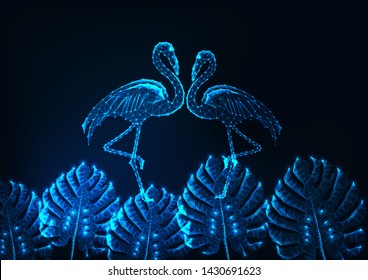 Tropical summer concept with glowing low poly couple of flamingos and monstera leaves on dark blue background. Futuristic wireframe design vector illustration.