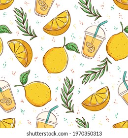 tropical summer concept in seamless pattern. lemon slice and lime juice on white backgroud