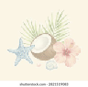 Tropical summer cross-stitch pattern featuring coconut, hibiscus flower, blue starfish, and palm leaves embroidery on a beige background, vintage pixel art needlework design for craft and textile.