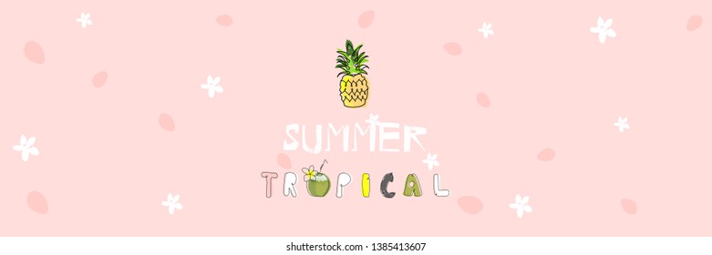 tropical summer cute  hand drawn illustration with exotic fruits and simple cartoon letters 