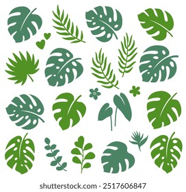 Tropical verão decorativo conjunto de palma, folhas de monstera, ramos de eucalipto