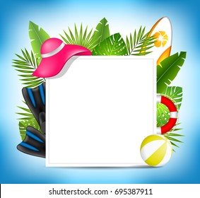 Tropical Summer Design Card Template with Beach Accessories- Illustration Vector