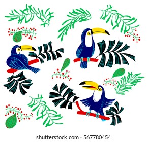 Tropical summer design elements. Isolated set  toucan birds and tropical plants and fruits. Colorful nature. Cartoon vector illustration for backdrop design