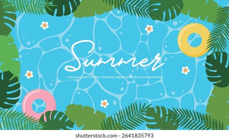 Tropical summer design featuring ocean background, tropical leaves, tubes and colorful floral decorations.