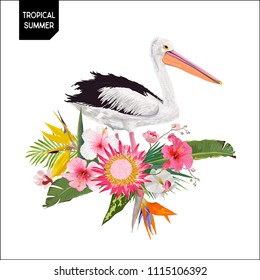 Tropical Summer Design with Pelican Bird and Exotic Flowers. Waterbird with Tropic Plants and Palm Leaves for T-shirt, Print. Vector illustration