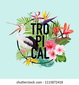 Tropical Summer Design with Pelican Bird and Exotic Flowers. Waterbird with Tropic Plants and Palm Leaves for T-shirt, Print. Vector illustration