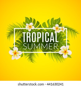 Tropical summer design poster template. Summer vacation with leafs and flowers. Jungle paradise.