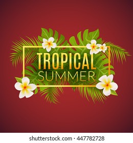 Tropical summer design poster template. Summer vacation with leafs and flowers. Jungle paradise.