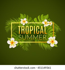 Tropical summer design poster template. Summer vacation with leafs and flowers. Jungle paradise.