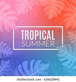 Tropical summer design poster template. Summer vacation with leafs. Jungle paradise colorful background.