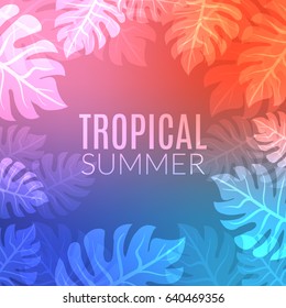 Tropical summer design poster template. Summer vacation with leafs. Jungle paradise colorful background.