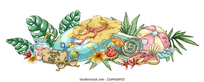 Tropical summer design, sea beach objects for your projects, swimming ring, ball, beach mat, slippers, sun glasses, cocktail, watermelon, sea shells, hat, palm leaf