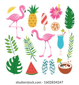 Tropical summer design set - pink flamingo, exotic fruit and cocktail drinks, green leaves and other vacation symbols isolated on white background. Flat vector illustration.