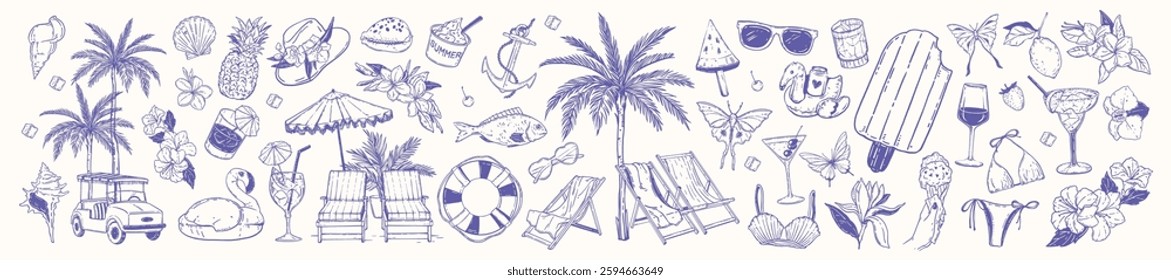 Tropical summer doodle icon set, vector hand drawn exotic vacation line illustration, pool party kit. Hawaii beach holiday rest, palm tree, paradise cocktail glass, flowers, seashell. Tropical summer