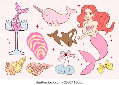 Tropical summer doodle set, Coquette beach, retro beach ans sea, summer clipart,exotic island party drink collection, beach cocktail glasses, exotic flower, ocean beach seashell. Tropical summer, pink