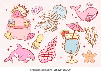 Tropical summer doodle set, Coquette beach, retro beach ans sea, summer clipart,exotic island party drink collection, beach cocktail glasses, exotic flower, ocean beach seashell. Tropical summer, pink